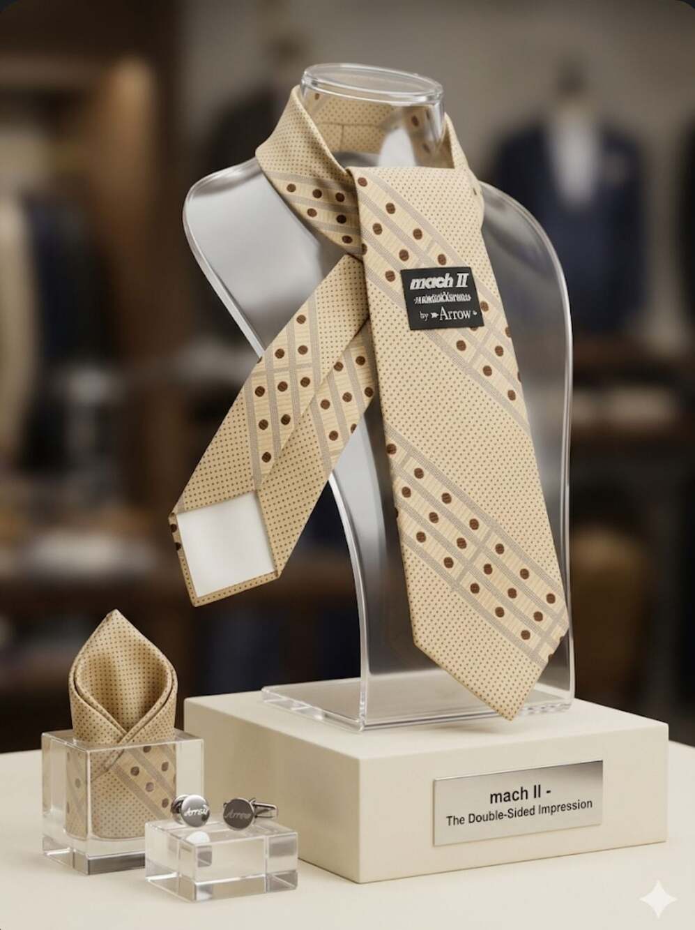 Wembley Vintage Silk Clip-On Tie Tan Geometric Pattern